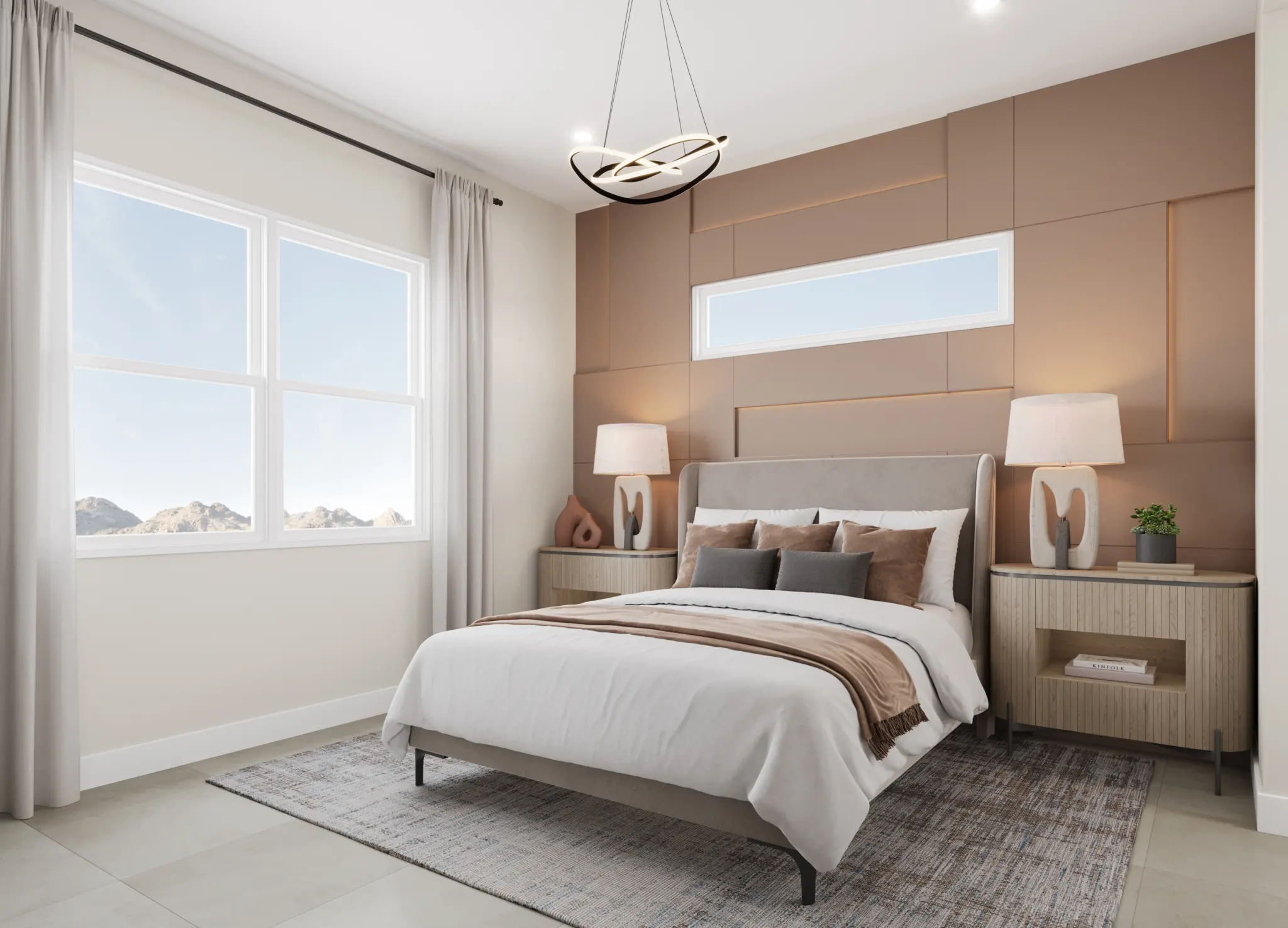 9048_NV-LV_FITZROY_CON_PRIMARY-BEDROOM_1-2048×1475 Modern bedroom in the Fitzroy Floorplan at The Loughton by Toll Brothers features a beige accent wall, a bed with brown and white bedding, two nightstands with lamps, decorative items, a small plant, and large windows letting in natural light.