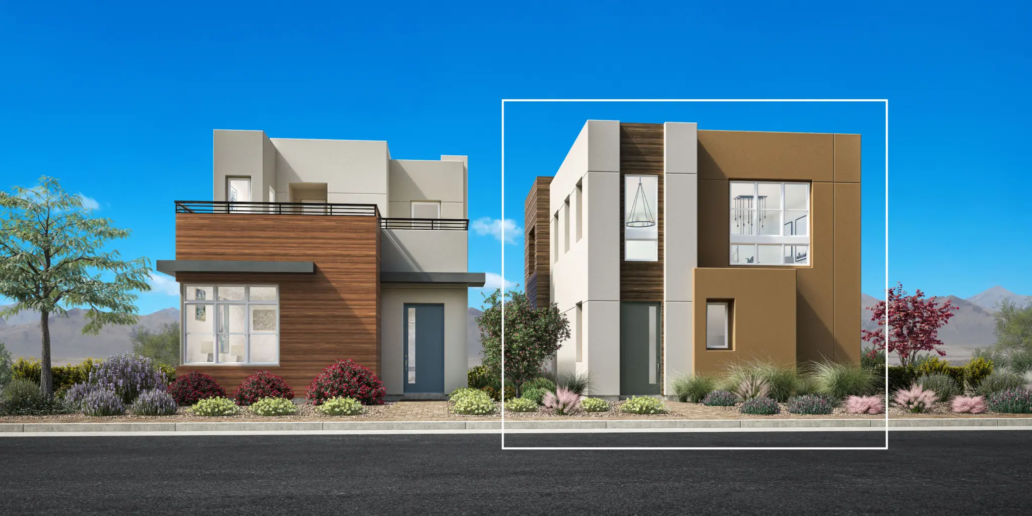 A1Z-MOD_NVS_1SE_9048_1-2048×1024 Two modern two-story homes, one featuring wood paneling, the other finished in tan and white, showcase the sleek style of the Fitzroy Floorplan at The Loughton by Toll Brothers—set against a clear blue sky with a mountain backdrop.