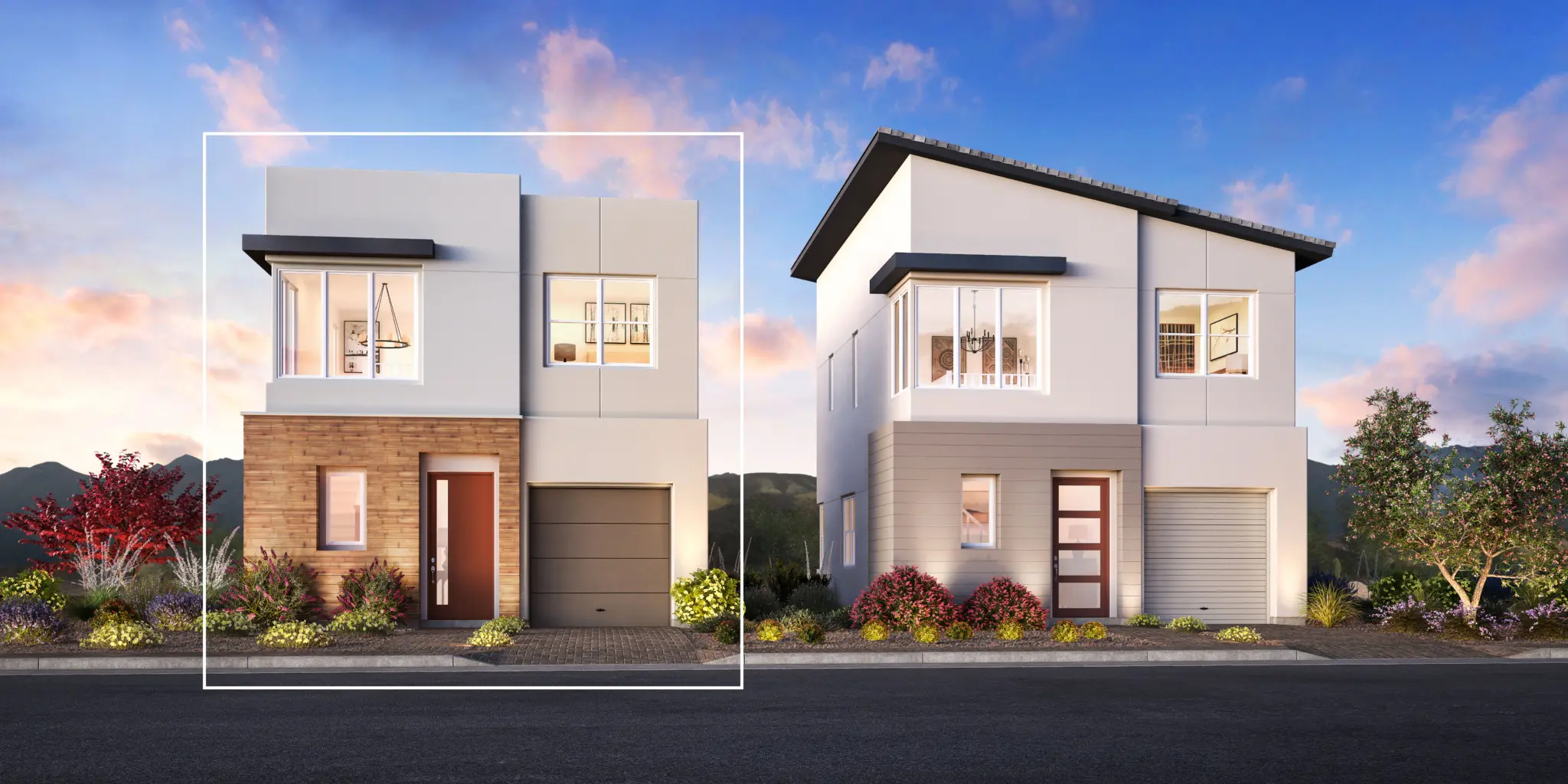 AFN_MOD_NVS_1FE_9048_1-2048×1024 Modern two-story house featuring the Rafferty Floorplan at The Loughton by Toll Brothers, with a flat roof, large windows, and attached garage. Neatly landscaped front yard with various plants, set against a blue sky with scattered clouds.