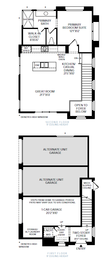 fitzroy-fp The Fitzroy Floorplan at The Loughton by Toll Brothers features a two-story home with garage, laundry, and foyer on the first floor, plus a great room, kitchen, dining area, primary bedroom suite with walk-in closet and bath upstairs.