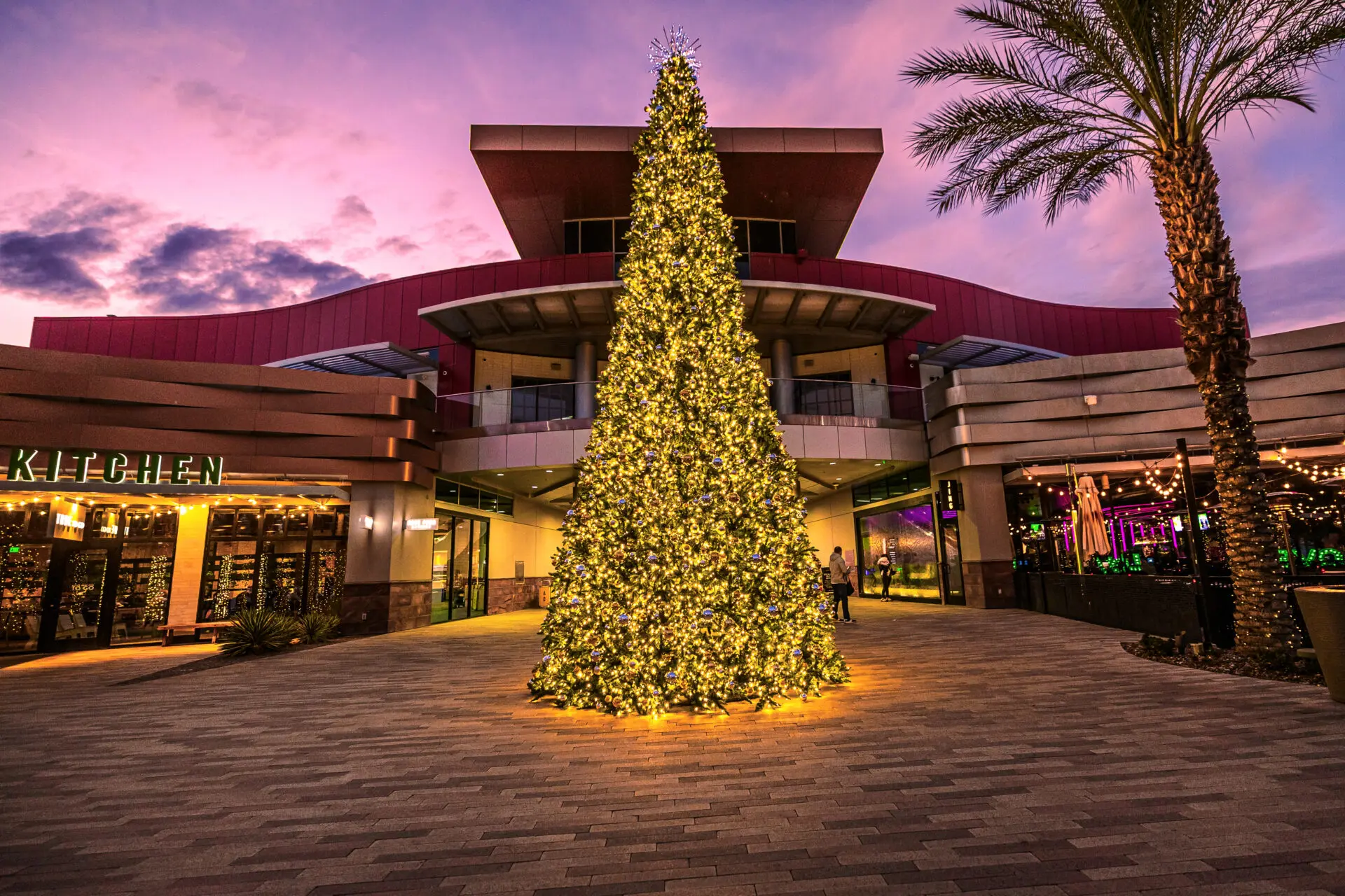 A large, brightly lit Christmas tree stands in the center of a modern outdoor plaza at dusk, with surrounding buildings and palm trees under a colorful sky.