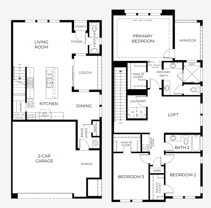 Briar-FP Black and white floor plan of the Briar Townhome at Dove Rock by Woodside Homes featuring a 2-car garage, kitchen, dining, living room, loggia, foyer, and storage on the first floor; three bedrooms, loft, laundry, and two baths upstairs.
