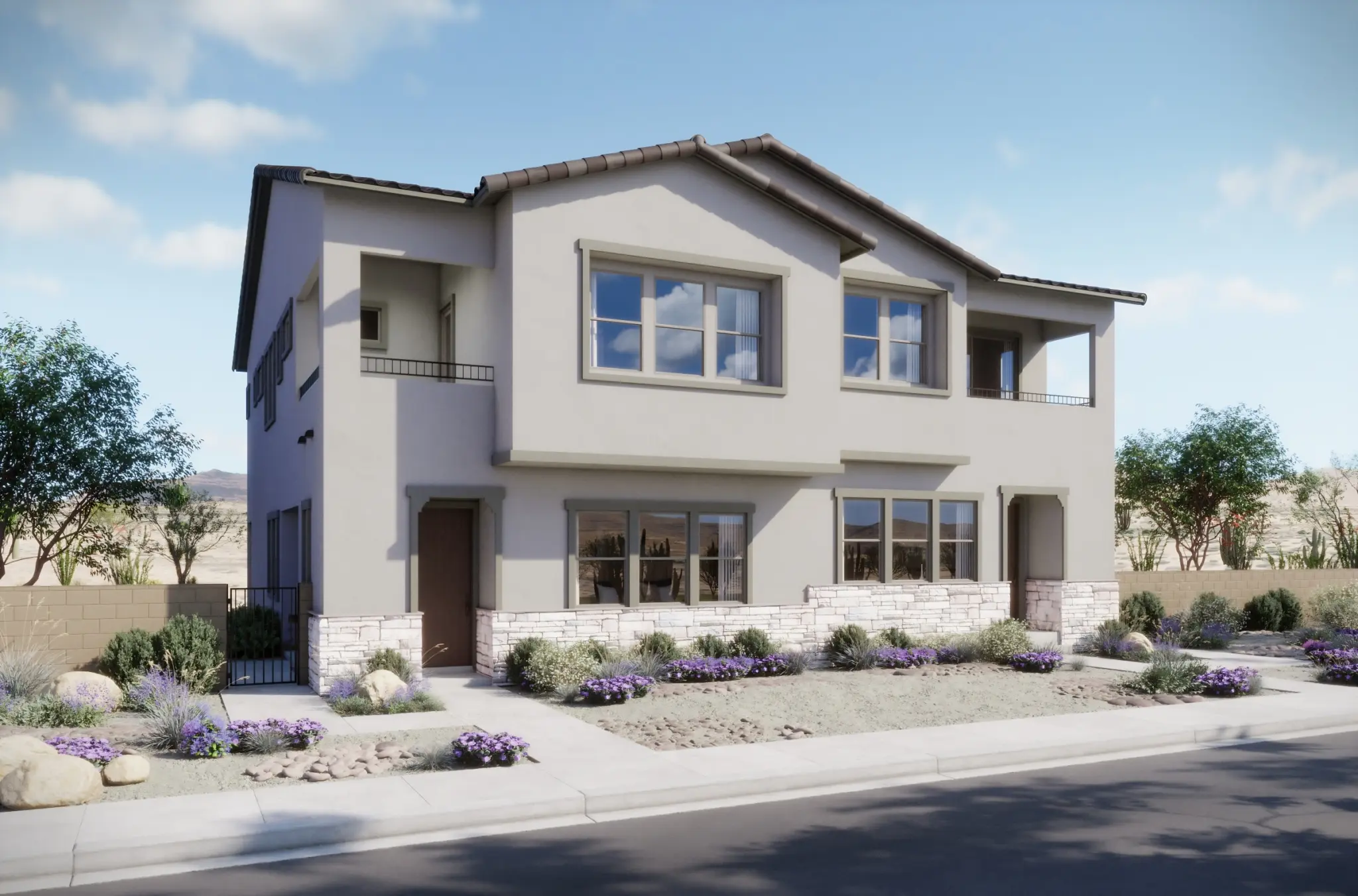PLAN_1005_1006-B_DAY_SCH_B4-BASE-2048×1352 The Briar Townhome at Dove Rock by Woodside Homes is a modern two-story duplex with a light-colored exterior, large windows, small balconies, and a landscaped front yard with rocks and purple flowers under a blue sky with scattered clouds.
