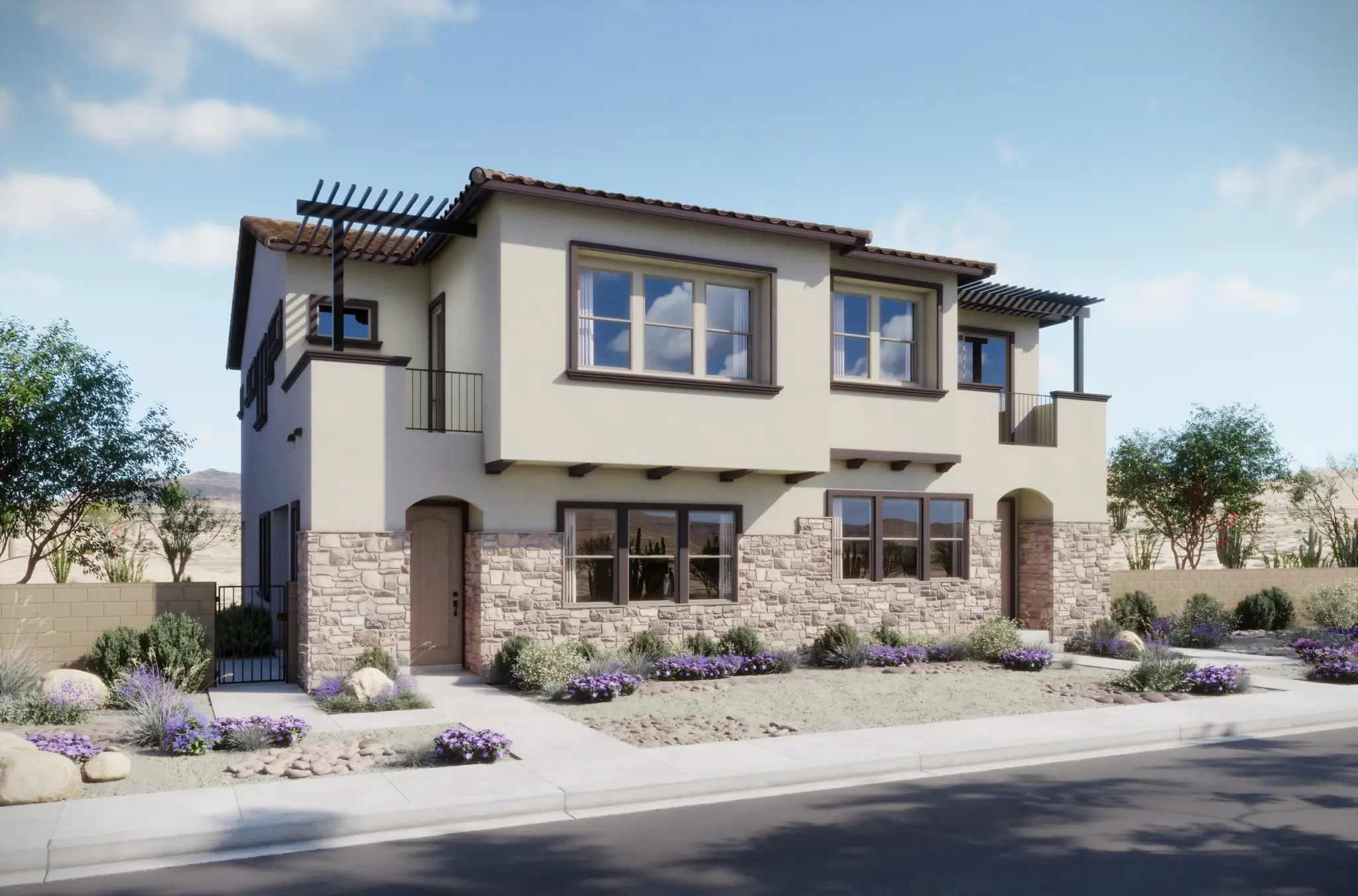 PLAN_1005_1006-C_DAY_SCH_C7-BASE-2048×1352 The Briar Townhome at Dove Rock by Woodside Homes is a modern two-story house with tan stucco and stone exterior, large windows, small balconies, and desert landscaping with purple flowers along a quiet street under a blue sky.