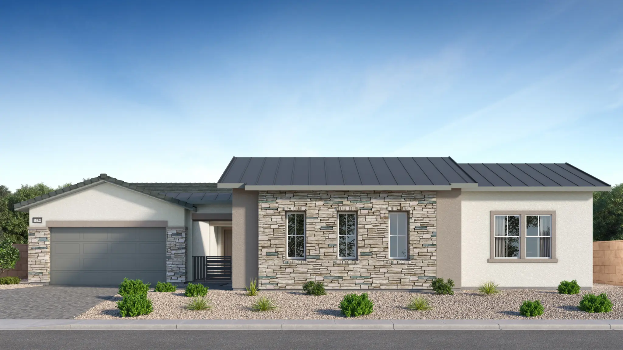NEV_Summerlin_Fairview_Rend_3793_Eloise_B-2048×1152 Modern single-story house, part of Eloise Next Gen at Fairview by Lennar, with stone and stucco exterior, metal roof, two-car garage, and small desert landscaping of shrubs and rocks in the front yard set against a clear blue sky.