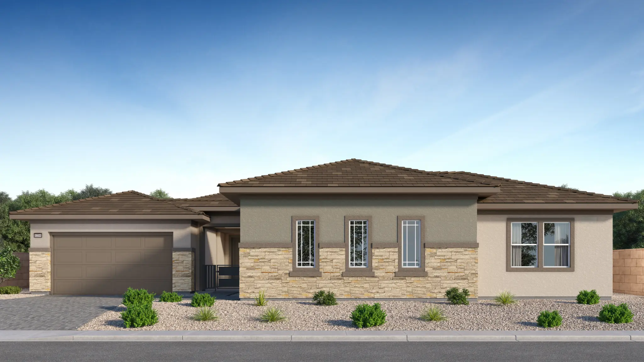 NEV_Summerlin_Fairview_Rend_3793_Eloise_C-2048×1152 Single-story modern Eloise Next Gen at Fairview by Lennar house with brown tiled roof, beige and tan exterior, stone accents, three vertical front windows, two-car garage, and desert landscaping with small bushes and rocks under a blue sky.