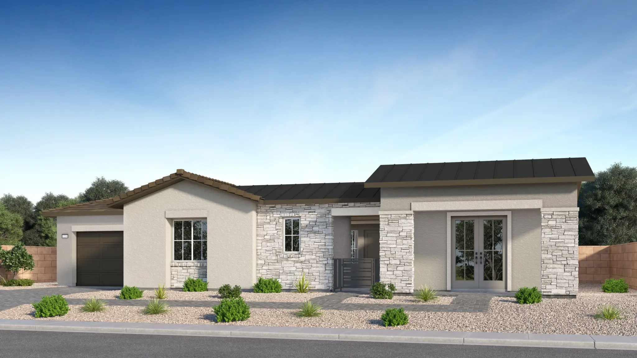 NEV_Summerlin_Fairview_Rend_3894_Cordelia_B-2048×1152 Single-story modern house at Cordelia Next Gen at Fairview by Lennar, featuring a blend of light stone and beige stucco, dark metal roof, expansive windows, and a one-car garage, set against desert landscaping and a blue sky.
