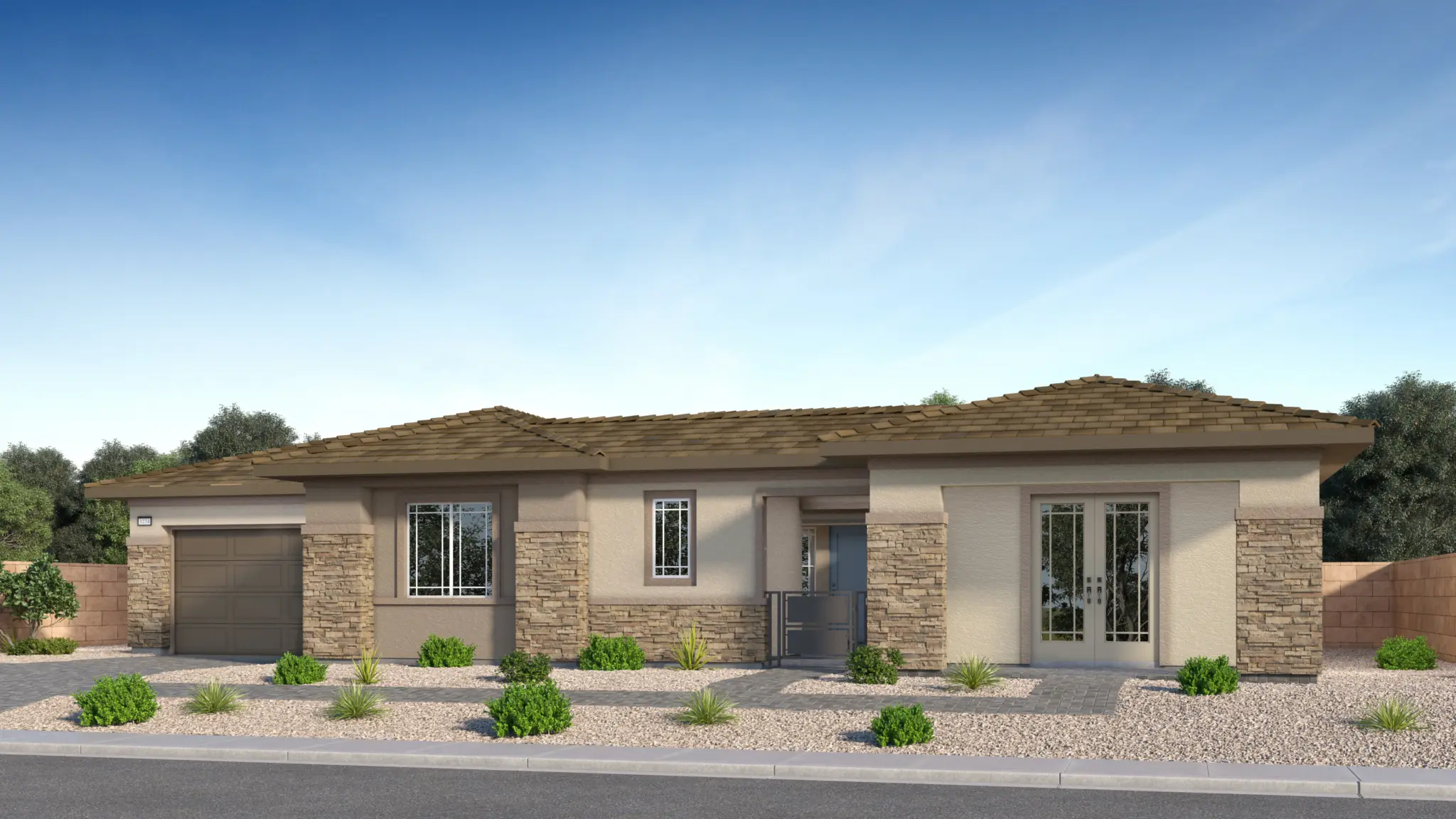 NEV_Summerlin_Fairview_Rend_3894_Cordelia_C-2048×1152 Single-story Cordelia Next Gen at Fairview by Lennar home with a tan tile roof, stone and stucco exterior, large windows, and a single-car garage. The front yard features desert landscaping with gravel, rocks, and small shrubs.