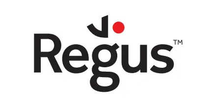 Regus logo with the word Regus in black letters; a red dot is above the letter u with a curved black shape, creating a stylized design. The trademark symbol (™) appears at the end.
