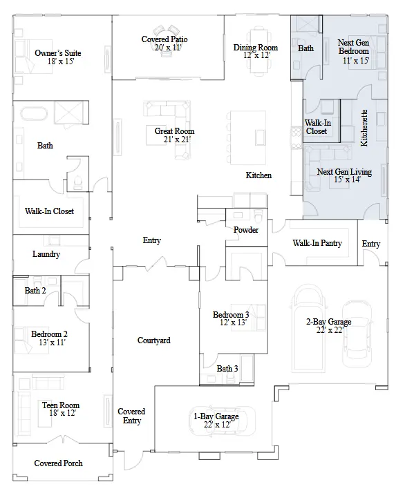 cordelia-FP A floor plan of Cordelia Next Gen at Fairview by Lennar features a single-story house with five bedrooms, 4.5 baths, great room, kitchen, dining room, two garages, laundry, courtyard, covered patios, walk-in closets, pantry, and a teen room.