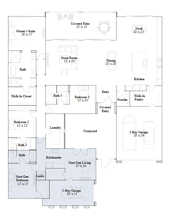 eloise-FP Floor plan of Eloise Next Gen at Fairview by Lennar features bedrooms, bathrooms, kitchen, dining, great room, covered patio, laundry, two garages, kitchenette, walk-in closet, pantry, nook, powder room, entry, and courtyard.