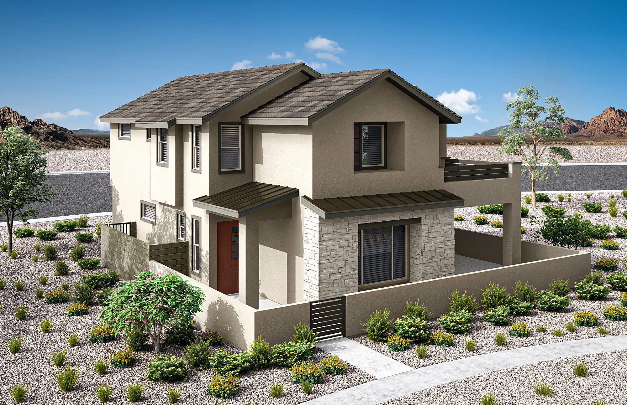 02_TP-LV-Aberdeen_Collection_ONE_HT_P1B_CS_08_dqgqdi Modern two-story house with beige stucco and stone accents, flat tile roof, large front windows, and a spacious patio, surrounded by desert landscaping and mountains in the background under a clear blue sky.