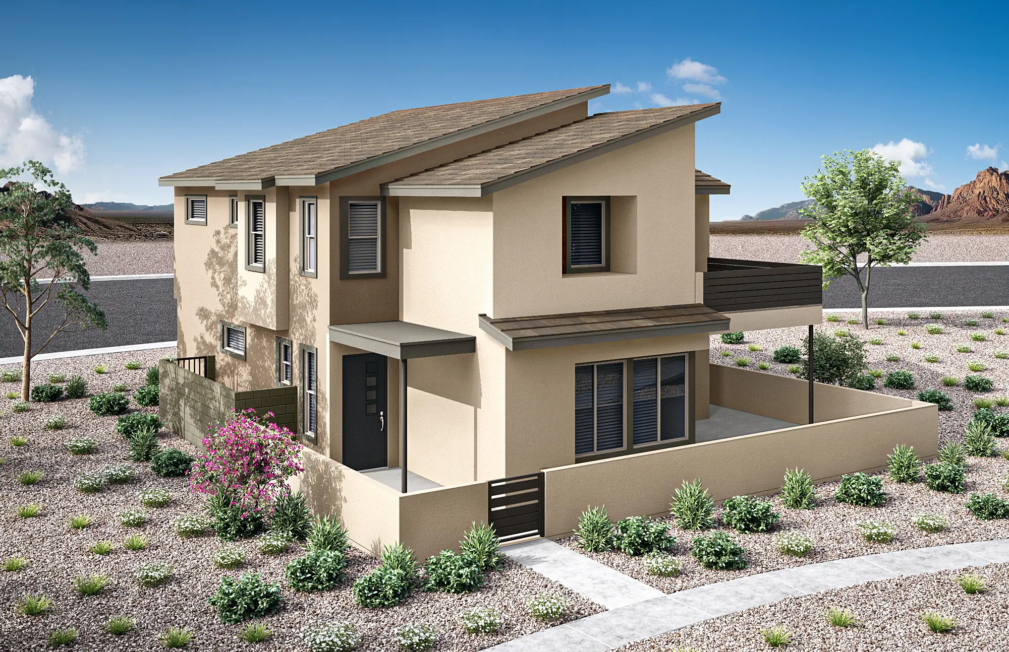 03_TP-LV-Aberdeen_Collection_ONE_HT_P1C_CS_10_naulkq Modern two-story beige house with multiple rooflines, dark-framed windows, and a fenced yard. Surrounded by desert landscaping with rocks, shrubs, and a few trees under a blue sky.