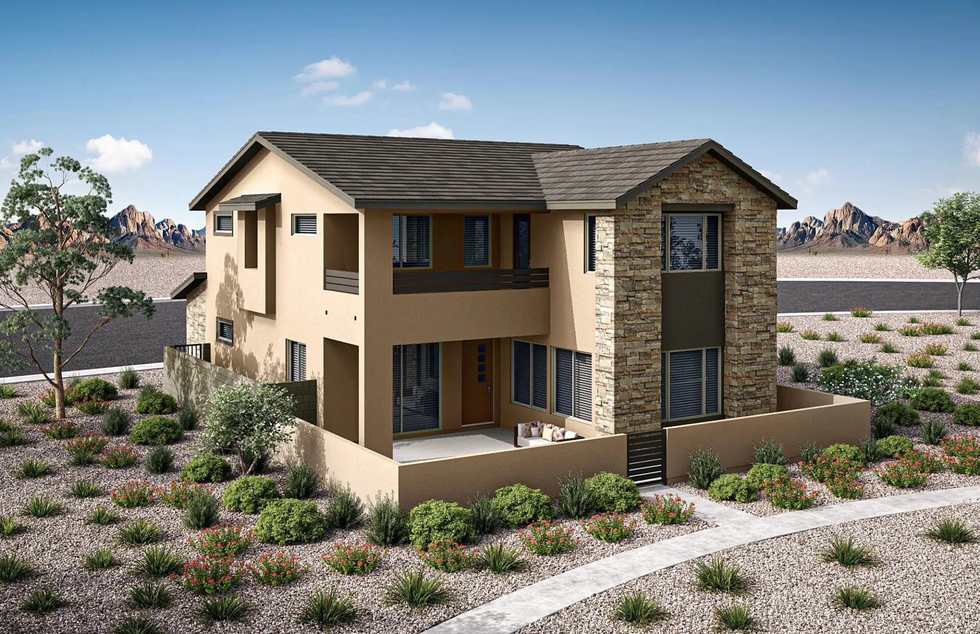 05_TP-LV-Aberdeen_Collection_TWO_HT_P2B_CS_08_mjehqs A modern two-story house with tan stucco and stone accents, large windows, and a balcony, surrounded by desert landscaping with gravel, bushes, and distant mountains under a clear blue sky.