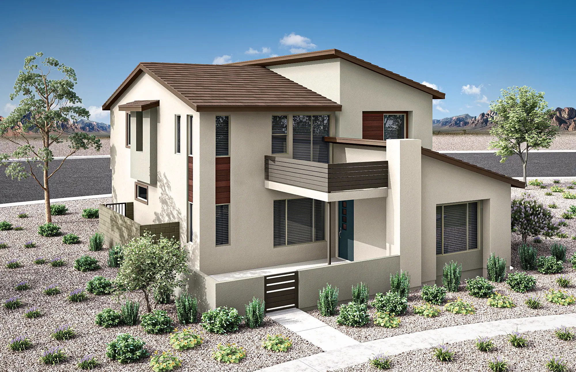 06_TP-LV-Aberdeen_Collection_ONE_HT_P2C_CS_11_eobsxf A modern two-story house with beige walls, brown roof, and wooden accents, surrounded by desert landscaping with rocks, shrubs, and small trees under a clear blue sky.