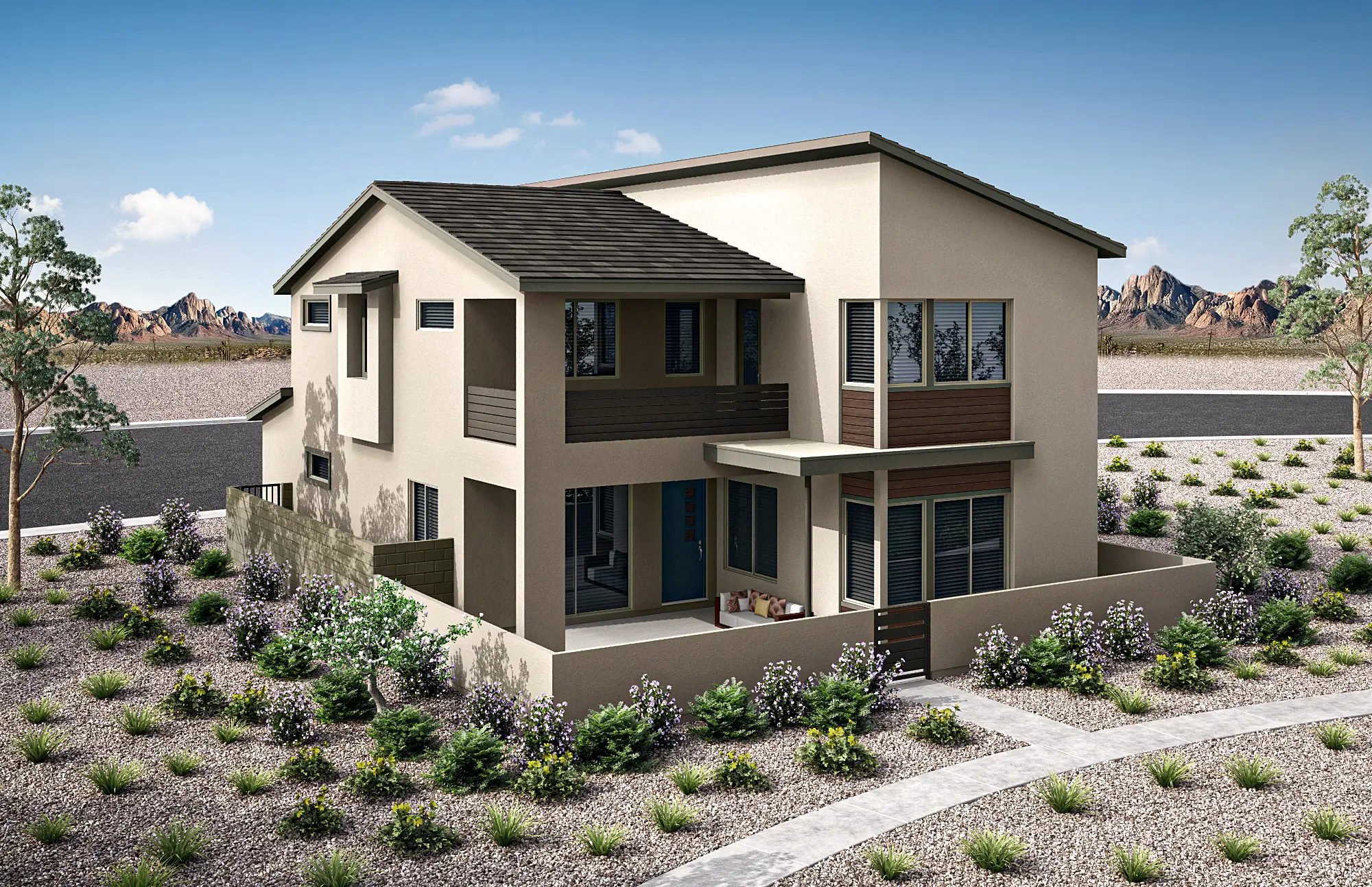 06_TP-LV-Aberdeen_Collection_TWO_HT_P2C_CS_12_ra2sys A modern two-story house with beige and brown exterior, large windows, and a shaded patio, surrounded by desert landscaping with rocks and shrubs, set against a mountainous backdrop under a blue sky.