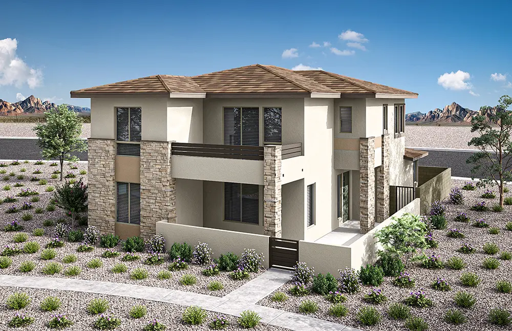 07_TP-LV-Aberdeen_Collection_ONE_HT_P3A_CS_01_fjuyav Modern two-story house with stone and beige stucco exterior, flat brown roof, and multiple windows. The yard is landscaped with gravel, small shrubs, and a few trees, set in a desert environment under a blue sky.