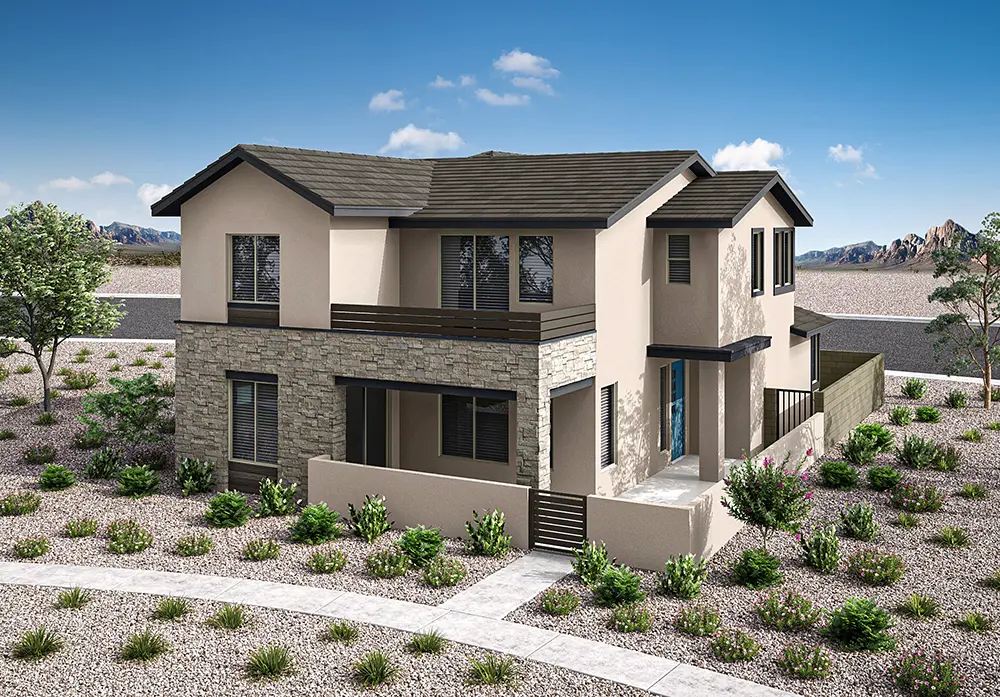08_TP-LV-Aberdeen_Collection_ONE_HT_P3B_CS_07_oicdnq Modern two-story house with stone and stucco exterior, a front porch, balcony, and fenced yard, surrounded by a xeriscaped yard with desert plants and gravel, under a blue sky with scattered clouds.