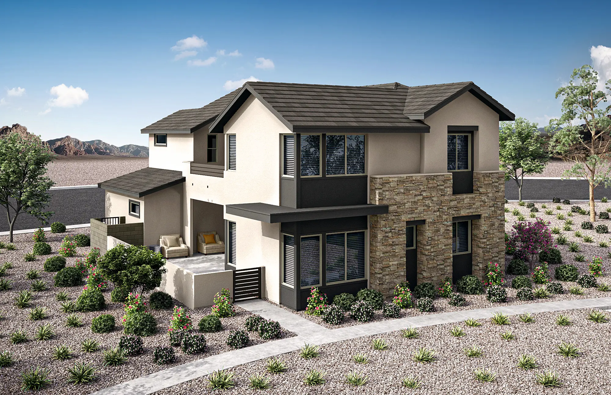 08_TP-LV-Aberdeen_Collection_TWO_HT_P3B_CS_06_wkxyxb A modern two-story house with stone and stucco exterior, large windows, and a small patio. Desert landscaping with gravel, shrubs, and a few trees surrounds the home under a clear blue sky.