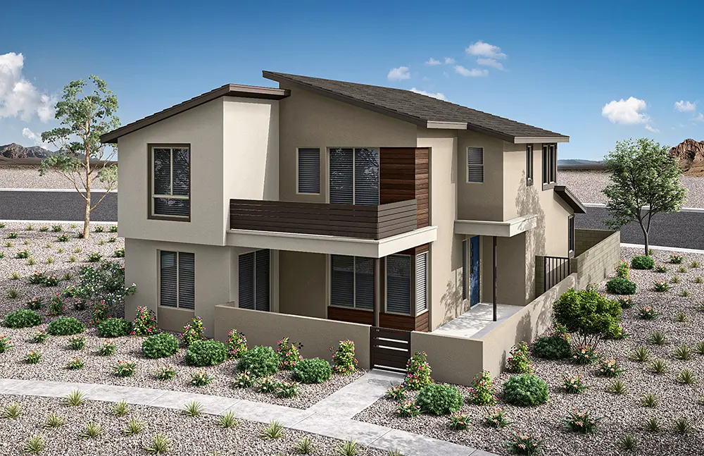 09_TP-LV-Aberdeen_Collection_ONE_HT_P3C_CS_12_epriok Modern two-story house with beige and brown exterior, large windows, and two balconies, surrounded by desert landscaping with rocks, small bushes, and a clear blue sky.