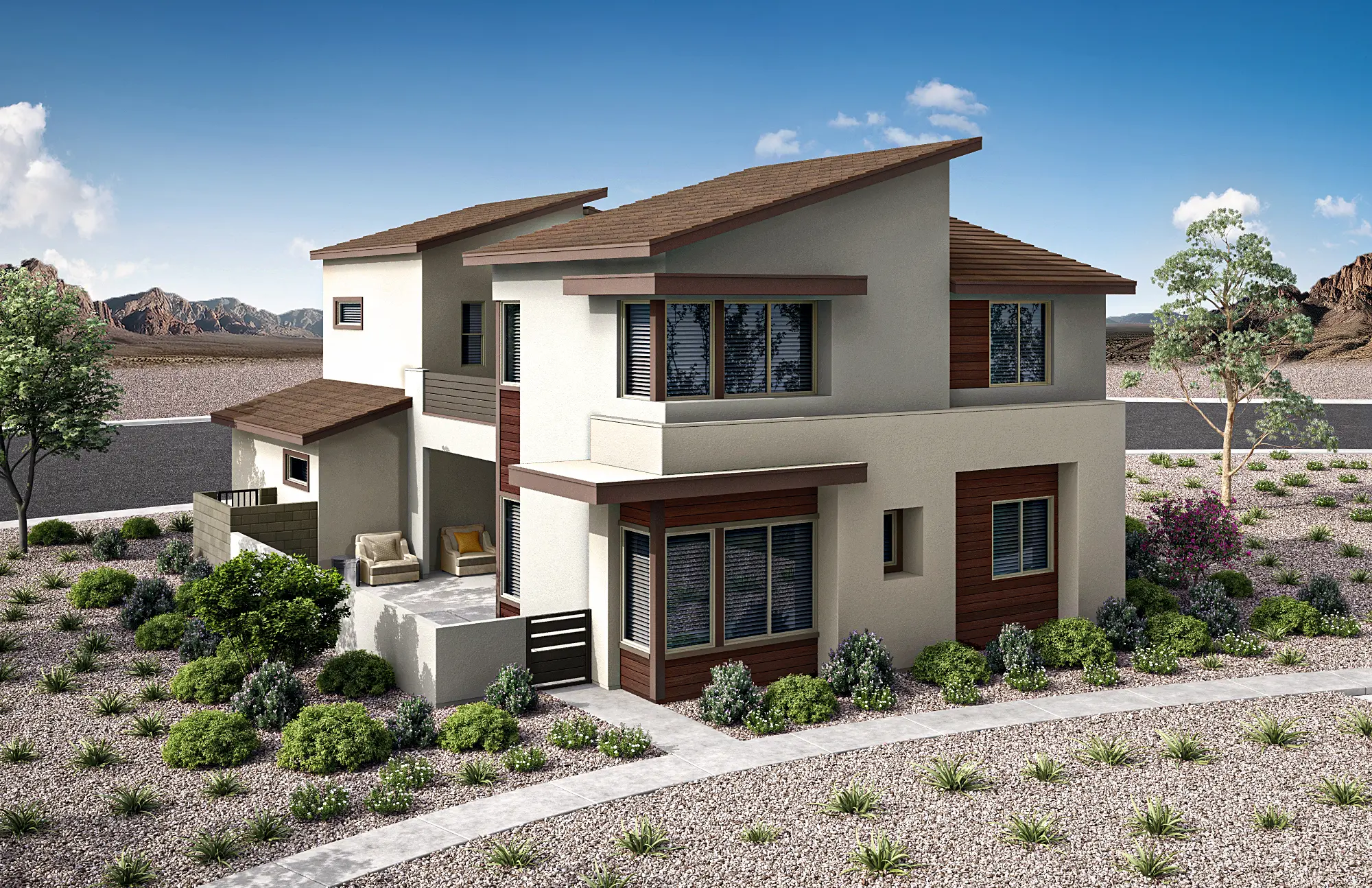 09_TP-LV-Aberdeen_Collection_TWO_HT_P3C_CS_11_ybzlqe Modern two-story house with beige and brown exterior, flat roofs, large windows, and a small patio. The house is surrounded by desert landscaping with rocks, shrubs, and a few trees under a clear blue sky.