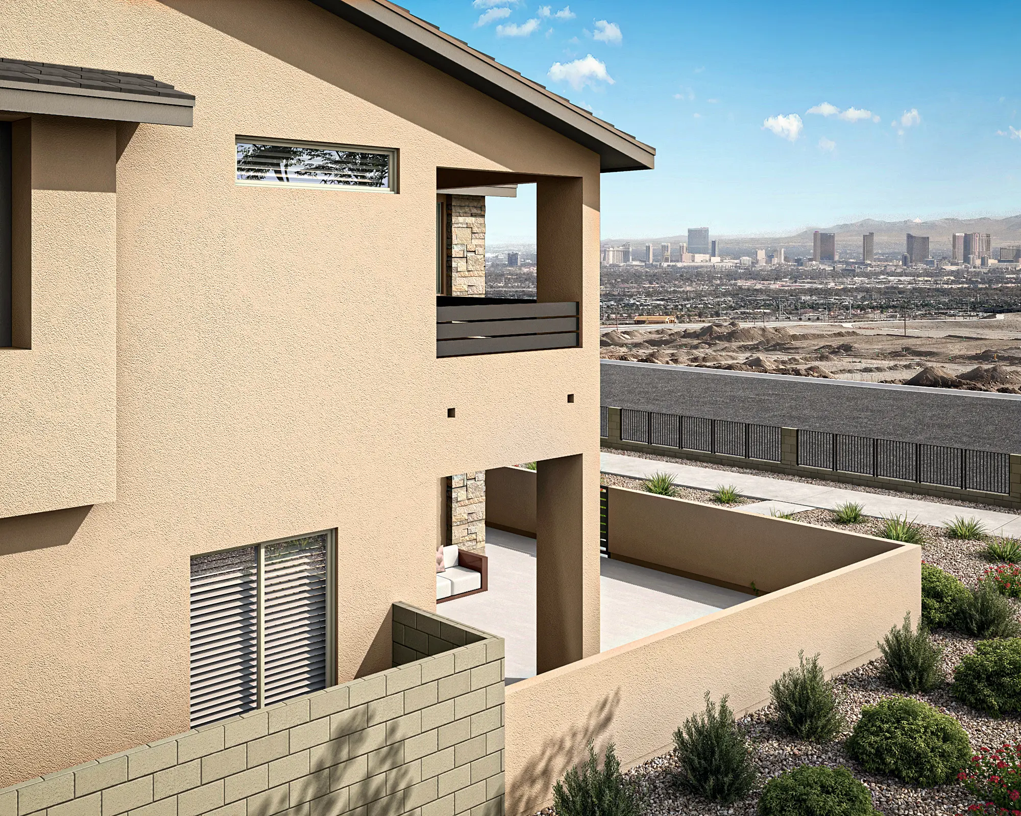 10_TP-LV-Aberdeen_Collection_TWO_HT_P2B_CS_08_gywnsh Modern beige two-story house with a balcony and a spacious patio, desert landscaping, and a view of a city skyline under a clear blue sky in the background.