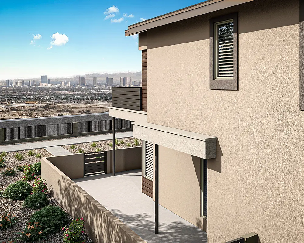 12_TP-LV-Aberdeen_Collection_ONE_HT_P3C_CS_12_hhlsow A modern beige house with large windows and a balcony overlooks a city skyline in the distance. The yard is landscaped with gravel and small plants under a clear blue sky.