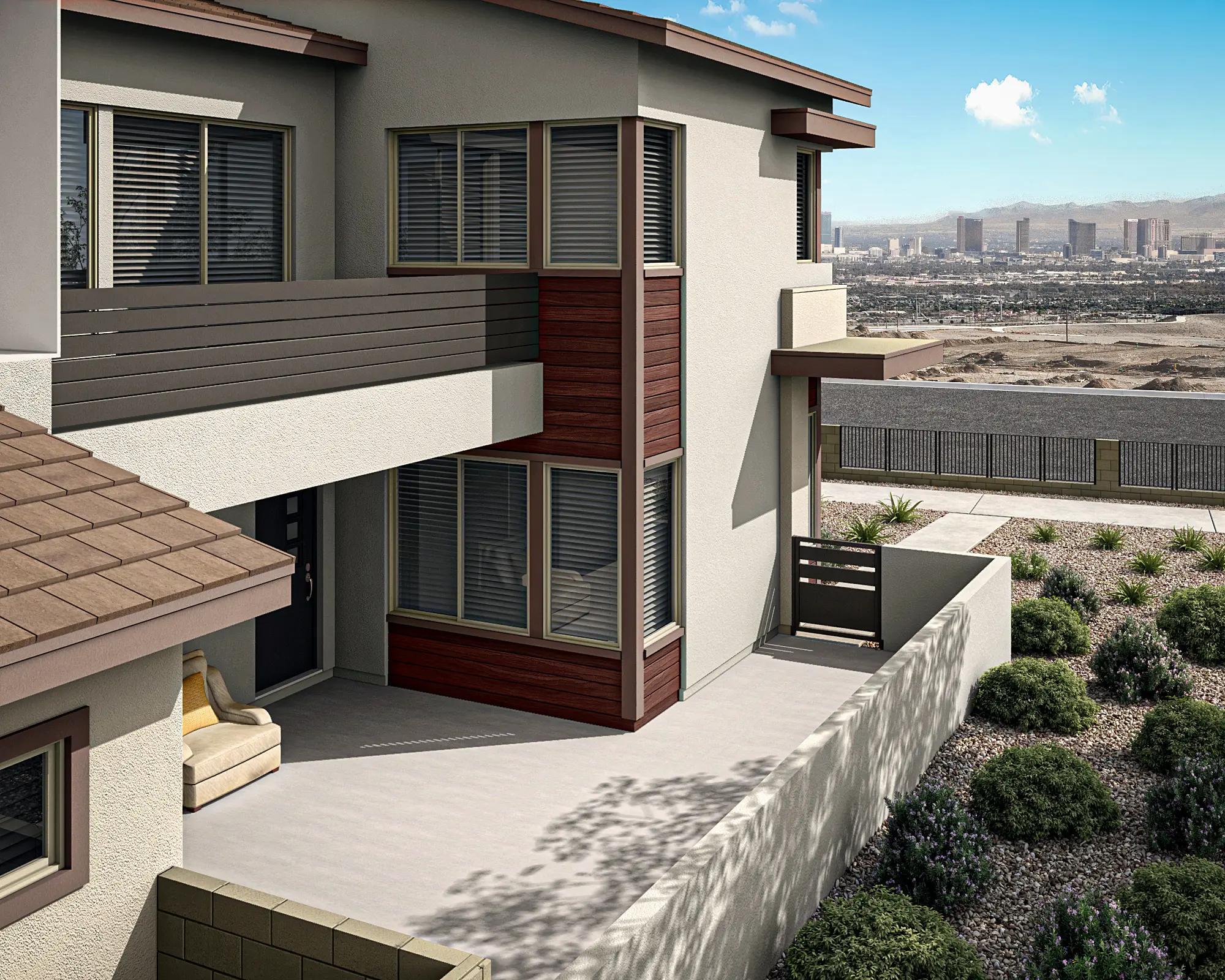 12_TP-LV-Aberdeen_Collection_TWO_HT_P3C_CS_11_u0bdzy Modern two-story house with large windows, a balcony, and patio area. Desert landscaping with rocks and shrubs surrounds the home, and a city skyline is visible in the background under a clear blue sky.