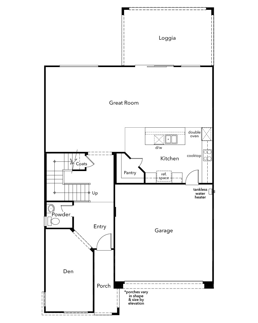 2753-1 Black and white floor plan of a houses first level, showing a garage, kitchen, pantry, great room, loggia, den, entry, coat closet, powder room, staircase, and porch. Labels mark each area and key features.