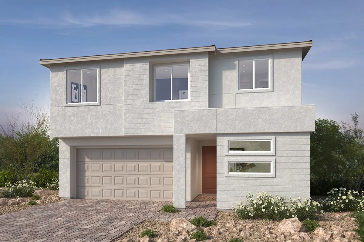 2753_A-sch3 Modern two-story house with light gray exterior, double garage, and a wooden front door. Large windows and landscaped front yard with rocks and low shrubs. Blue sky in the background.