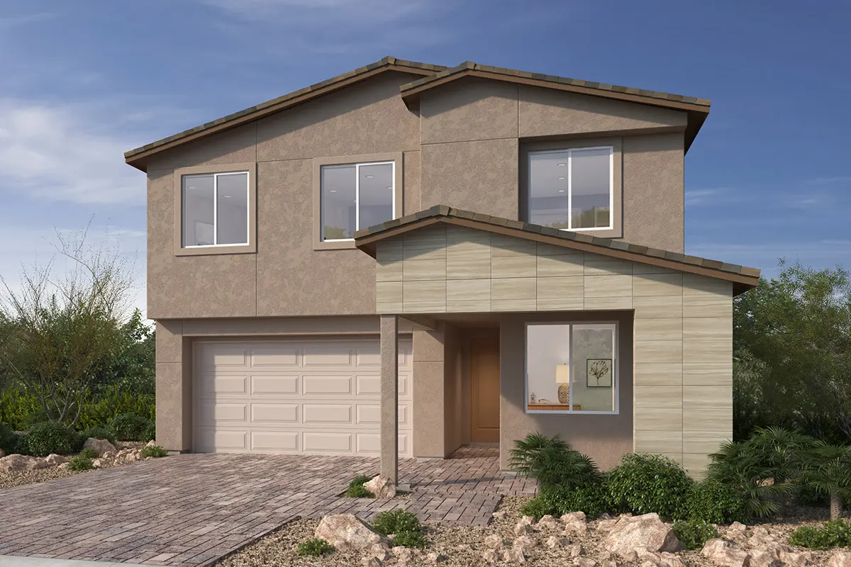 2753_C-sch11 A modern two-story house with brown stucco exterior, tiled roof, and large windows. The home has a two-car garage and a covered porch, surrounded by desert landscaping with rocks and shrubs.