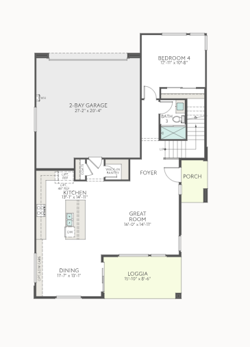 first-floor-2 Floor plan of a house showing a 2-bay garage, bedroom, bathroom, foyer, porch, kitchen, pantry, dining area, great room, and loggia. Rooms are clearly labeled and connected by hallways and doors.