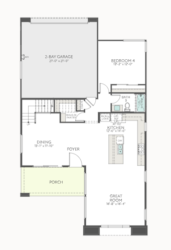first-floor-4 Floor plan of a house showing a porch, foyer, dining room, great room, kitchen with island, pantry, bathroom, bedroom 4, and a 2-bay garage. Stairs and storage areas are also labeled.
