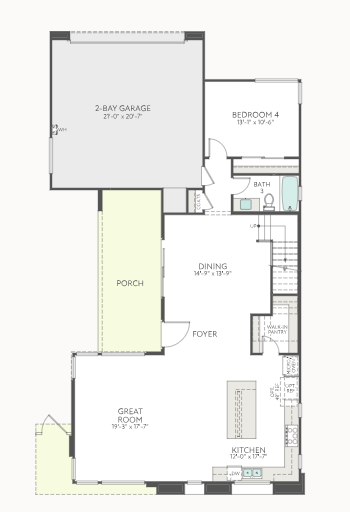 first-floor-5 A floor plan showing a 2-bay garage, bedroom, bathroom, dining area, foyer, great room, kitchen with pantry, and a porch centrally located between the garage, dining, and great room.