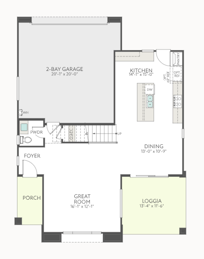 first-floor Floor plan of a house showing a porch, foyer, great room, dining area, kitchen with island, pantry, loggia, powder room, and a 2-bay garage. Stairs are located between the foyer and kitchen.