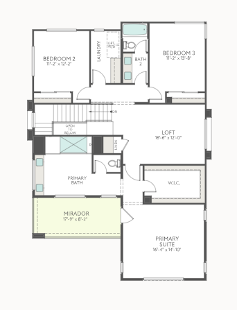 second-floor-4 Floor plan of a house showing three bedrooms, a primary suite with walk-in closet, two bathrooms, a laundry room, a loft, a mirador, and hallways connecting each room.