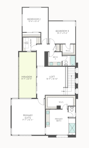 second-floor-5 Floor plan of a house featuring three bedrooms, two bathrooms, a loft, a laundry area, a mirador, and two walk-in closets. The primary suite includes an attached bath and closet. The loft and mirador are central spaces.