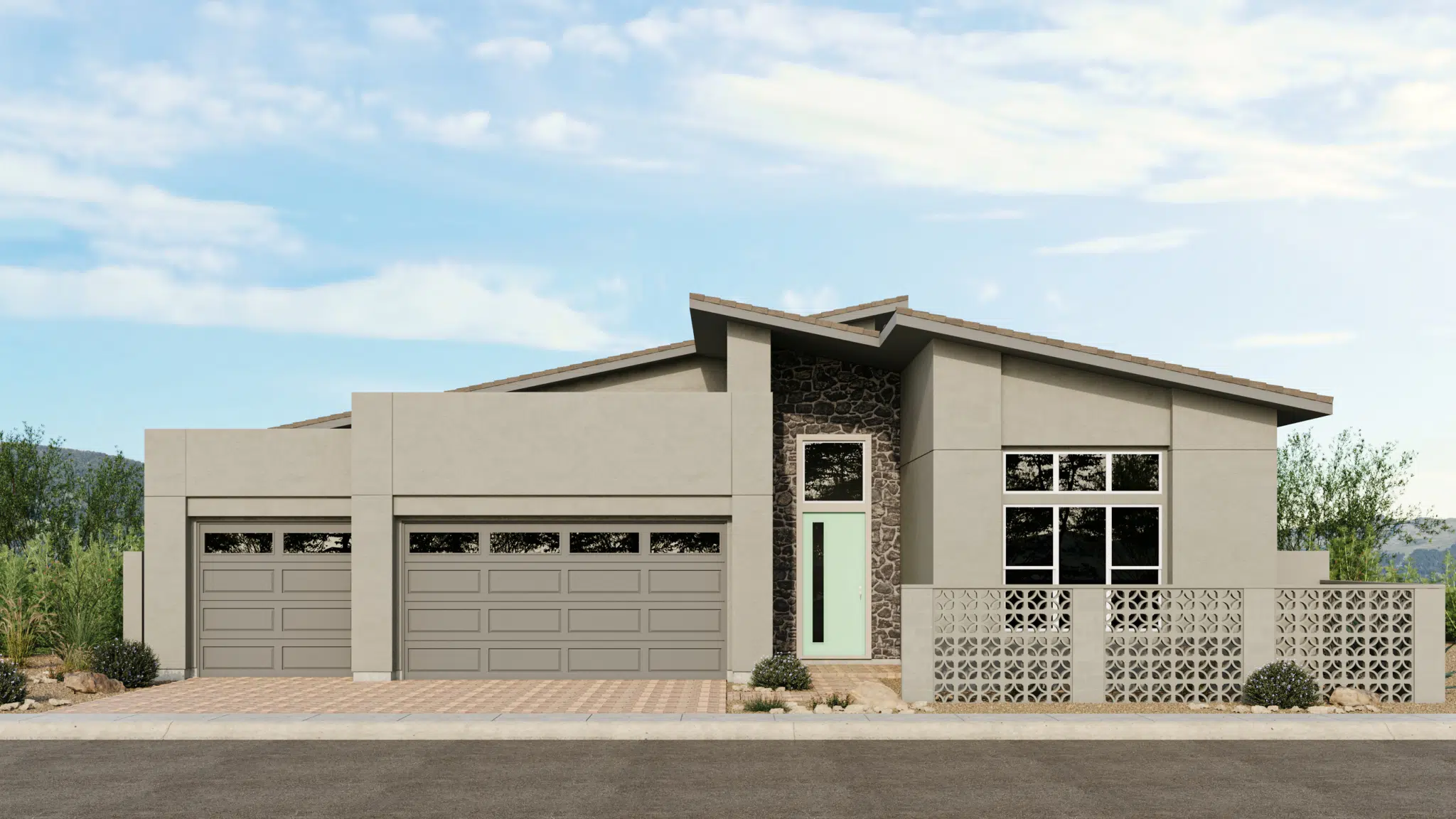 Astaire_Style_A_Sch_3_Esplanade_at_Red_Rock_VRZ-2048×1152 Modern single-story house with a flat, sloped roof, large garage doors, a tall front door with glass panels, stone and concrete exterior, and a decorative concrete screen wall in front. Desert landscaping surrounds the home.