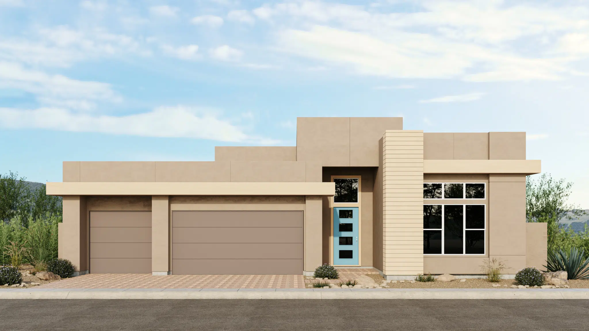 Astaire_Style_C_Sch_9_Esplanade_at_Red_Rock_VRZ-2048×1152 Modern, single-story house with a flat roof, beige stucco exterior, two-car garage, large windows, a blue front door, desert landscaping, and a clear sky in the background.