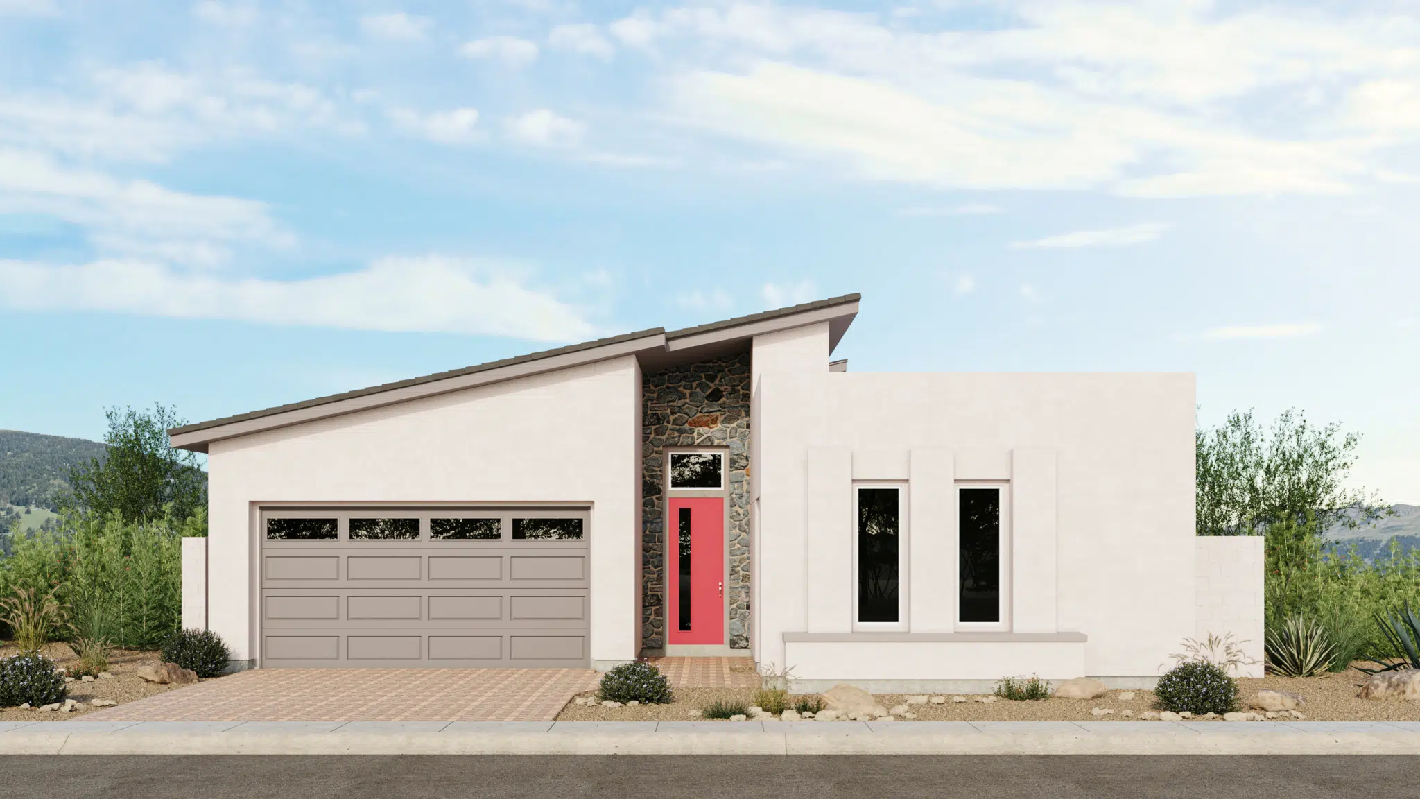 Modern single-story house with a sloped roof, white exterior, stone accent wall, large gray garage door, bright red front door, and minimal desert landscaping in front.