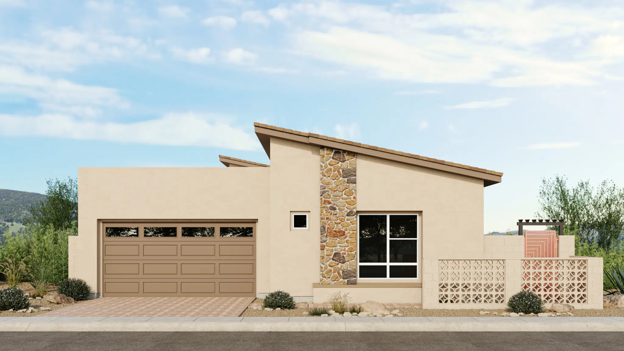 Fontaine_Style_A_Sch_2_Esplanade_at_Red_Rock_VRZ-2048×1152 Modern single-story house with a tan stucco exterior, stone accent, slanted roof, two-car garage, large front window, patterned block fence, and desert landscaping with shrubs and rocks under a partly cloudy sky.