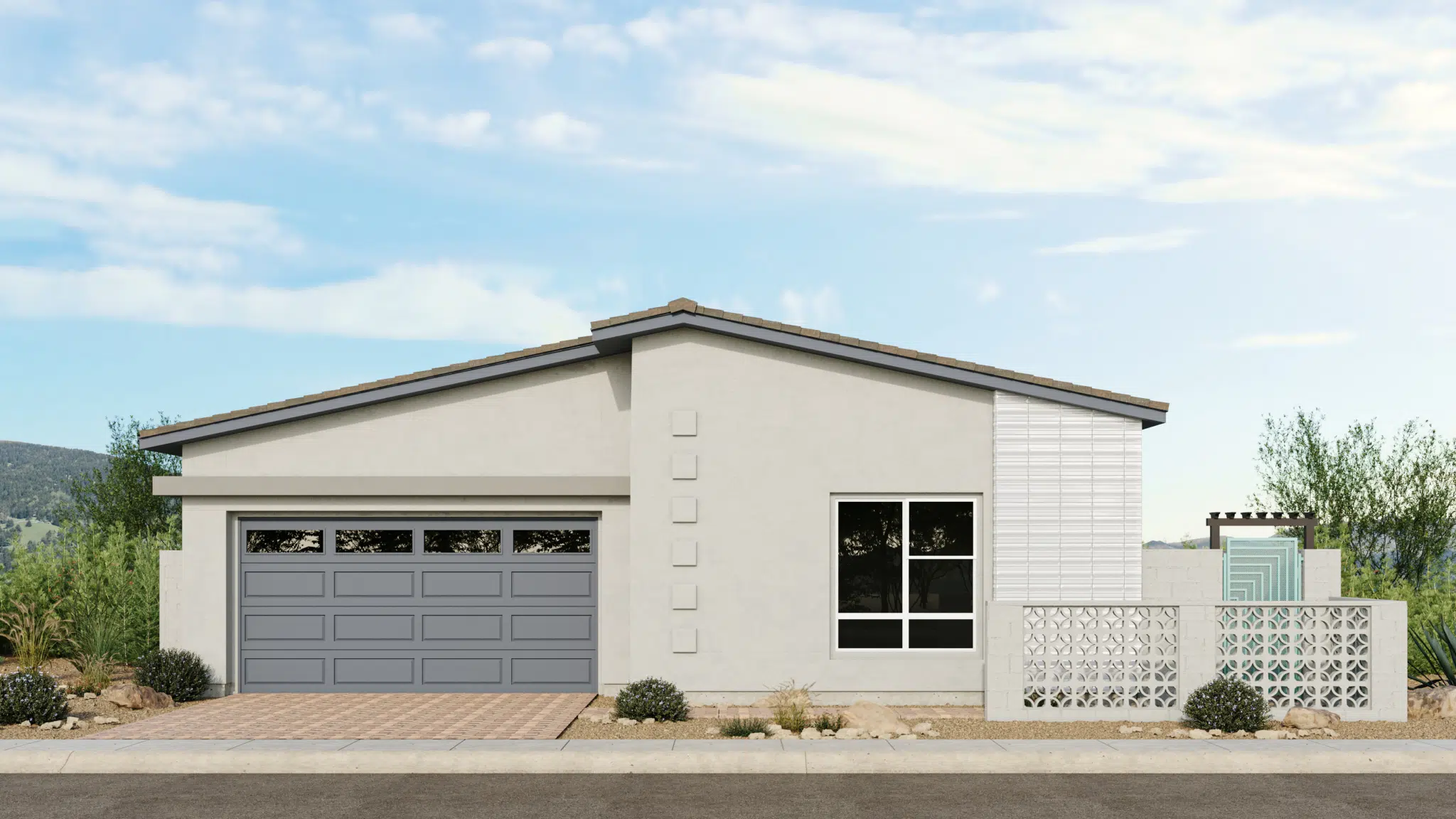 Fontaine_Style_B_Sch_5_Esplanade_at_Red_Rock_VRZ-2048×1152 Single-story modern house with a gray double garage door, large front window, white exterior, and geometric accents. Desert landscaping and patterned privacy screen in front yard. Blue sky with light clouds in the background.