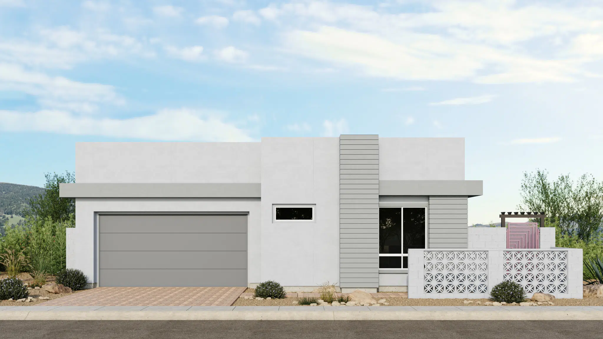 Fontaine_Style_C_Sch_8_Esplanade_at_Red_Rock_VRZ-2048×1152 Modern single-story house with a flat roof, gray garage door, small horizontal window, white geometric privacy wall, and desert landscaping under a blue sky with wispy clouds.