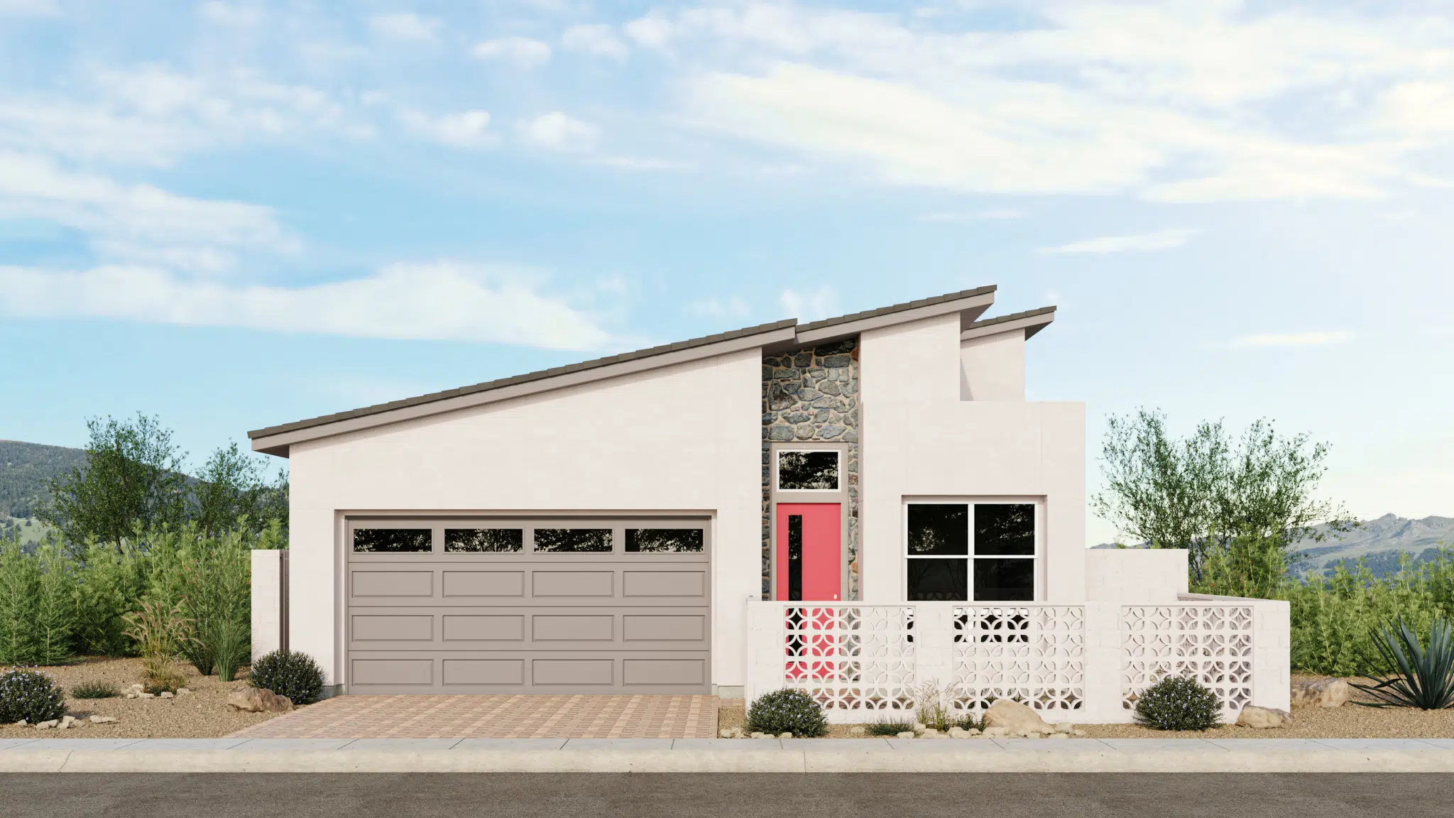 Mojito_Style_A_Sch_1_Esplanade_at_Red_Rock_VRZ-2048×1152 Modern single-story house with a slanted roof, white exterior, gray garage door, pink front door, stone accent, geometric concrete fence, and desert landscaping under a partly cloudy sky.