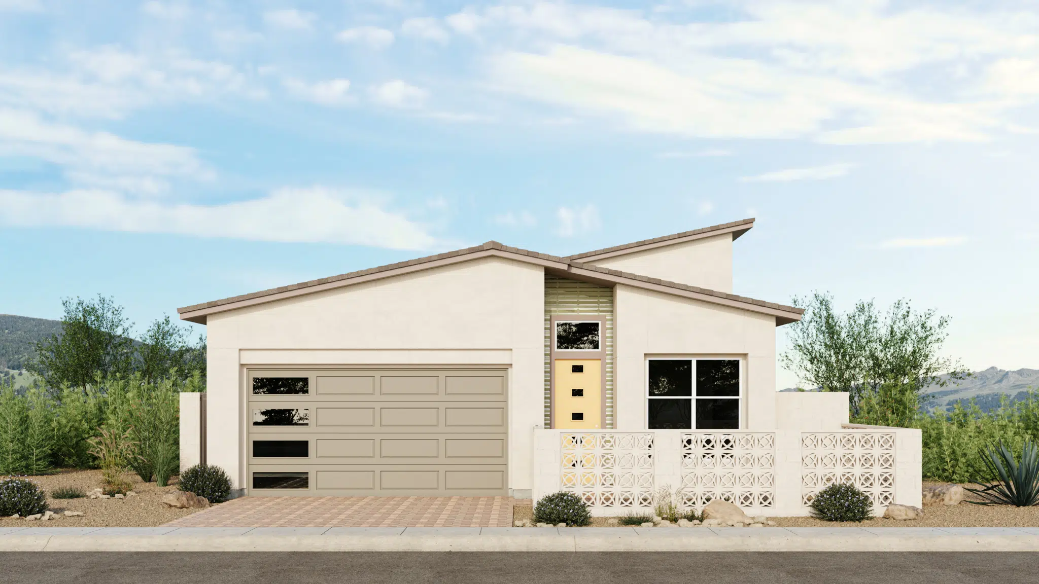 Mojito_Style_B_Sch_4_Esplanade_at_Red_Rock_VRZ-2048×1152 Modern single-story house with a flat, angled roof, large garage, and white geometric-patterned privacy wall in front. The exterior is light-colored with desert landscaping and a blue sky in the background.