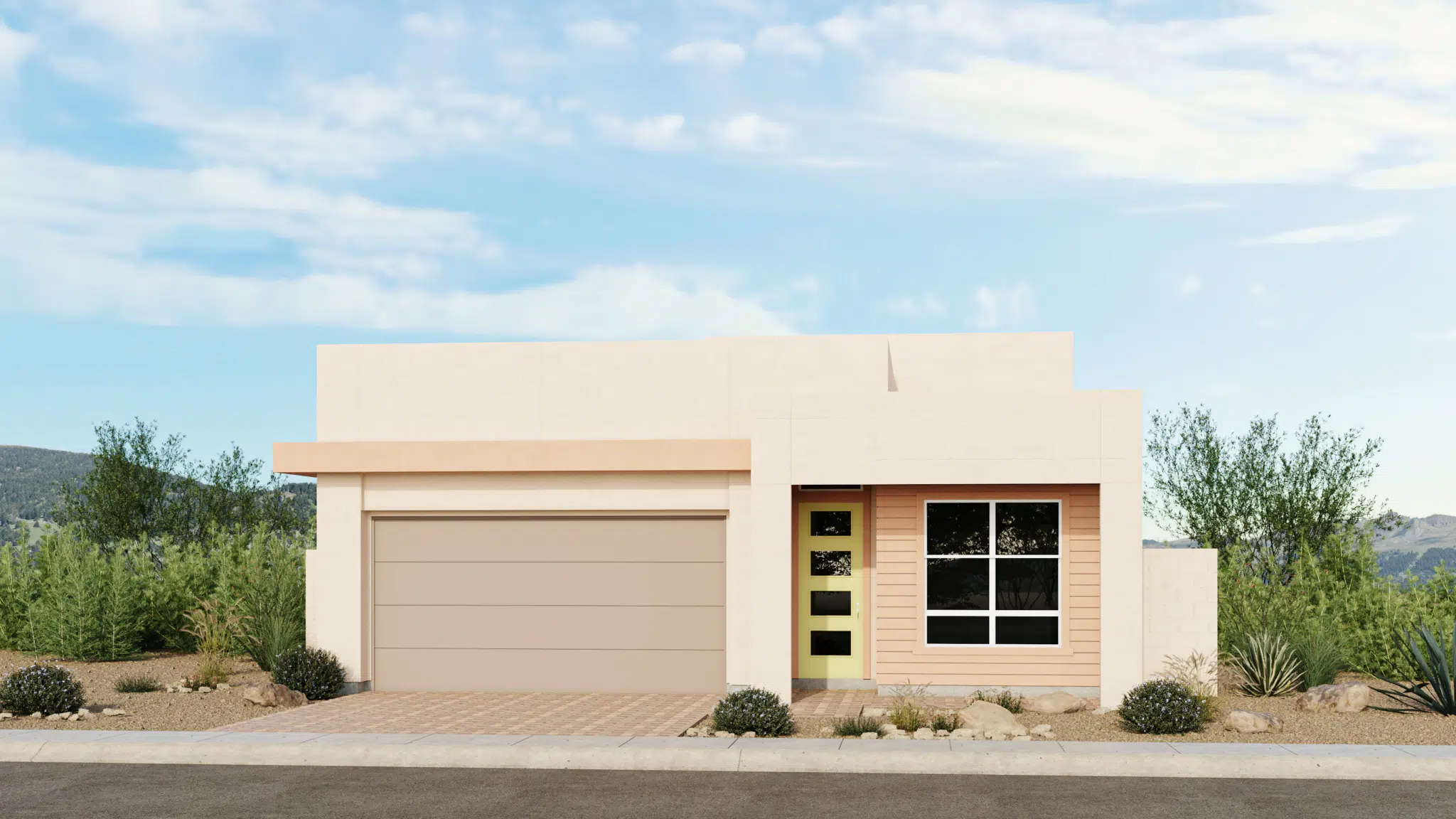 Mojito_Style_C_Sch_7_Esplanade_at_Red_Rock_VRZ-2048×1152 Modern single-story house with a flat roof, beige exterior, two-car garage, and a front door with glass panels. Desert landscaping with rocks and shrubs surrounds the home under a partly cloudy sky.