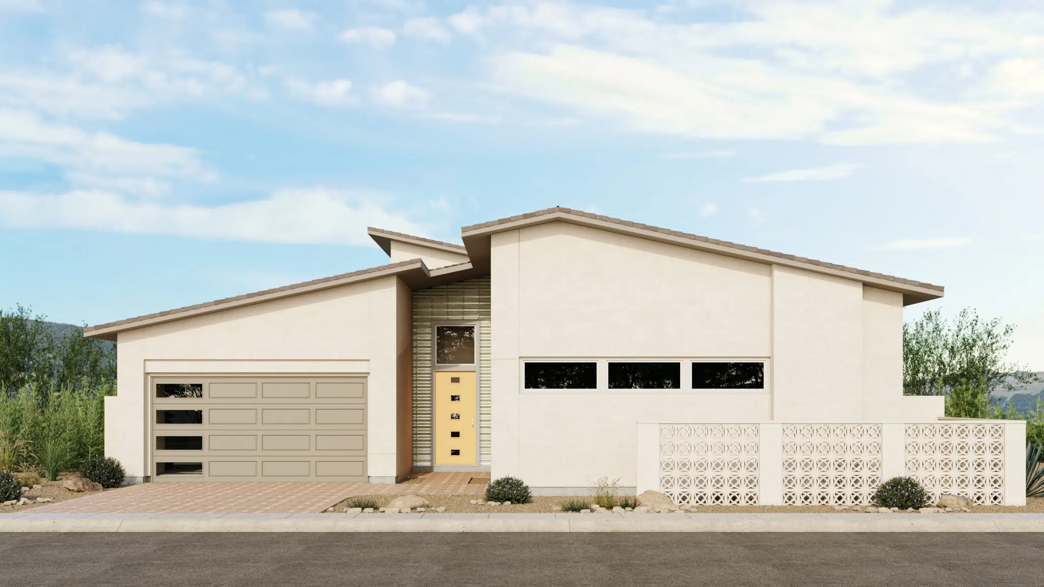 Monroe_Style_B_Sch_4_Esplanade_at_Red_Rock_VRZ-2048×1152 Modern single-story house with a slanted roof, beige exterior, large garage door, rectangular windows, and decorative white concrete fence, surrounded by minimal landscaping under a partly cloudy sky.