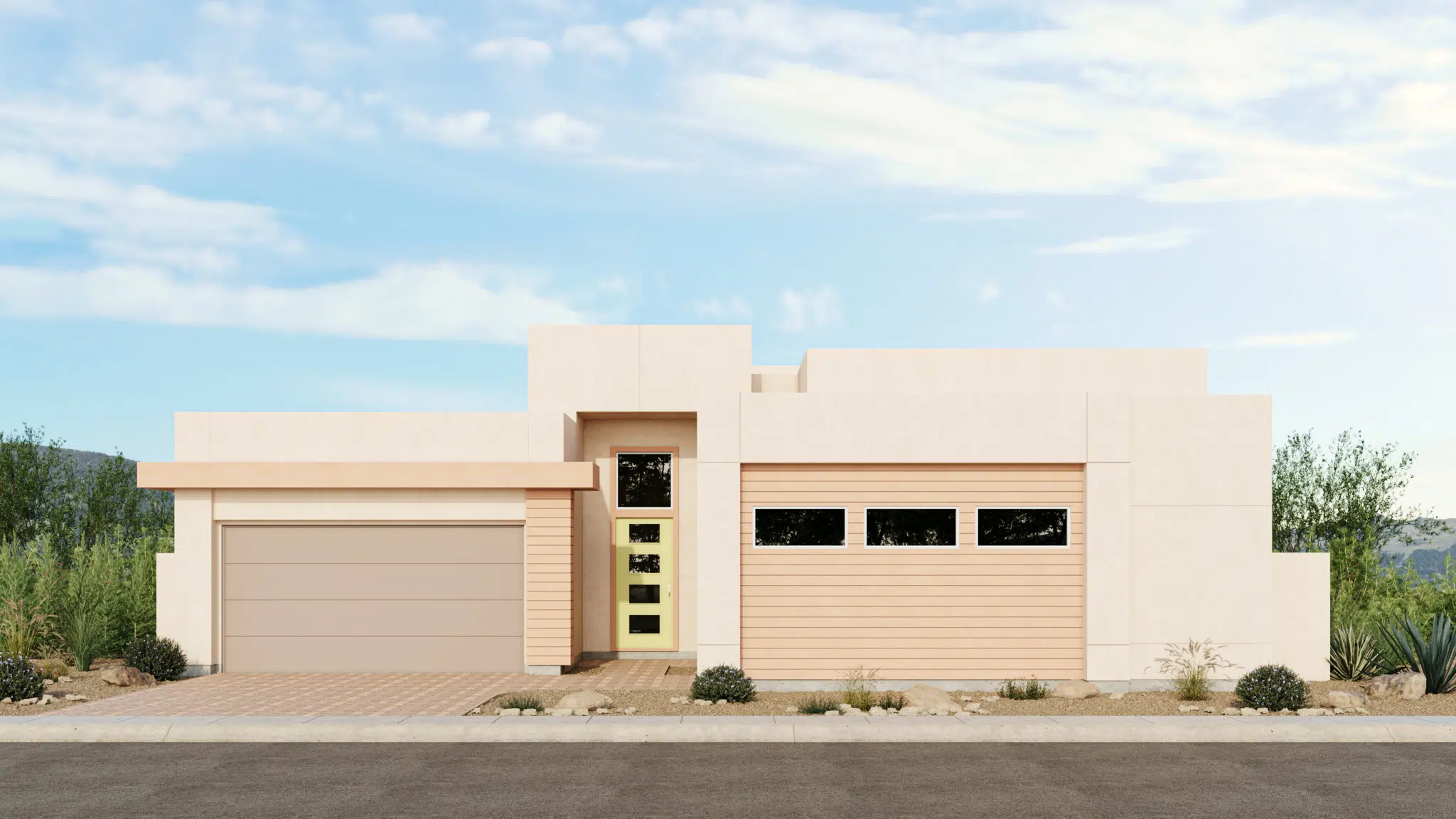 Monroe_Style_C_Sch_7_Esplanade_at_Red_Rock_VRZ-2048×1152 Modern single-story house with a flat roof, beige and light wood panel exterior, large garage door on the left, horizontal windows on the right, and desert landscaping in front. Blue sky with scattered clouds above.