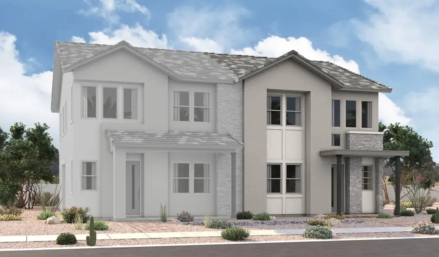 Navy-1-Elevation-B A modern two-story house with gray and white exterior, large windows, and a landscaped front yard with desert plants against a partly cloudy sky.