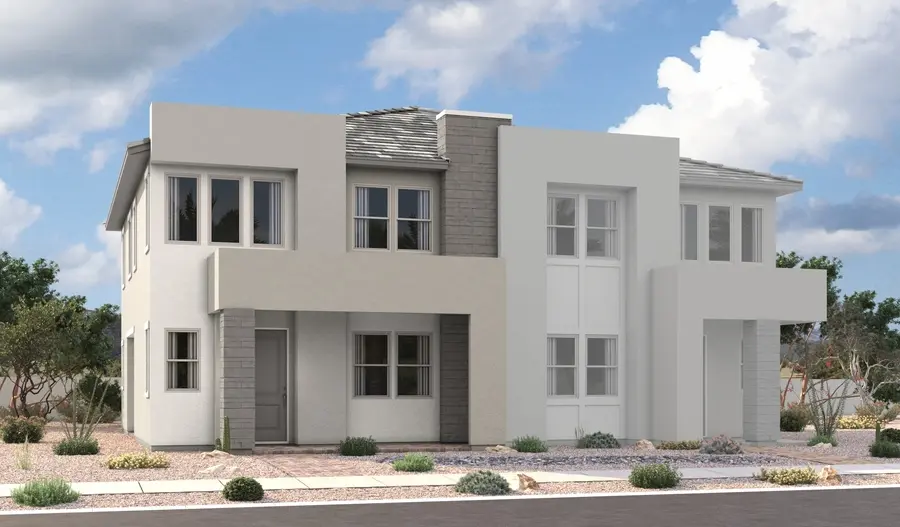 Navy-2-Elevation-C Modern two-story duplex with flat roofs, large windows, and a mix of light beige and white exterior walls. Minimal desert landscaping with small bushes and rocks lines the sidewalk in front.